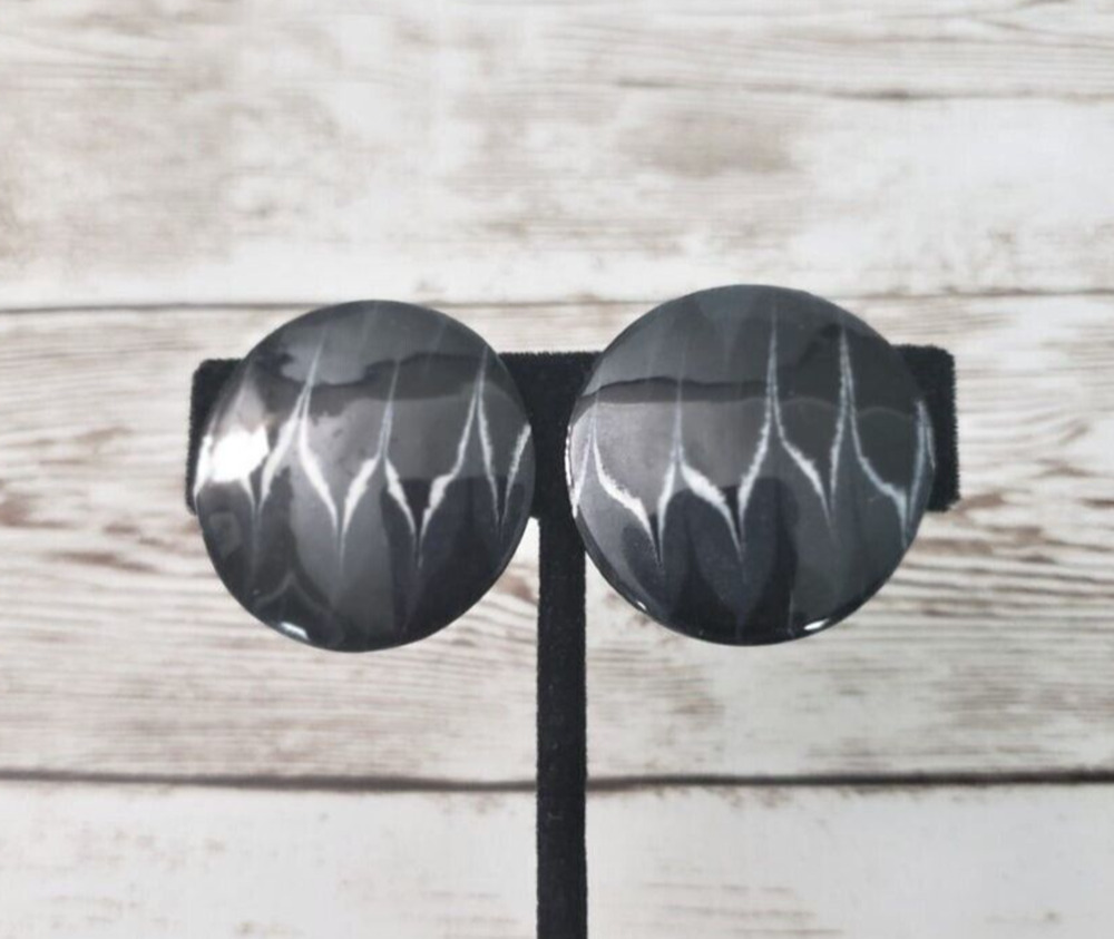 Vintage Clip On Earrings Black with White Zig Zag Design Circle Statement Large
